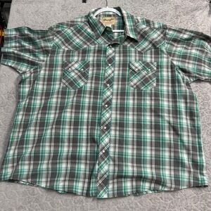 Wrangler Mens 3XL Big Western Snap Shirt Green Grey Plaid Short Sleeve WM1103Y
